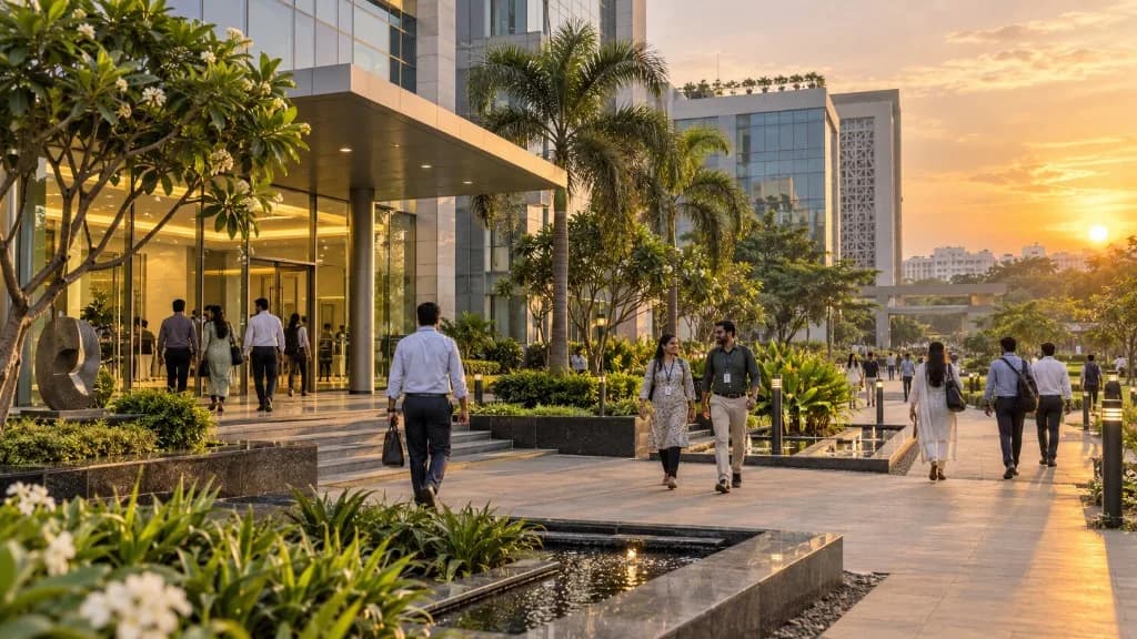Modern office campus at golden hour — home of Techzex Software and Nexova