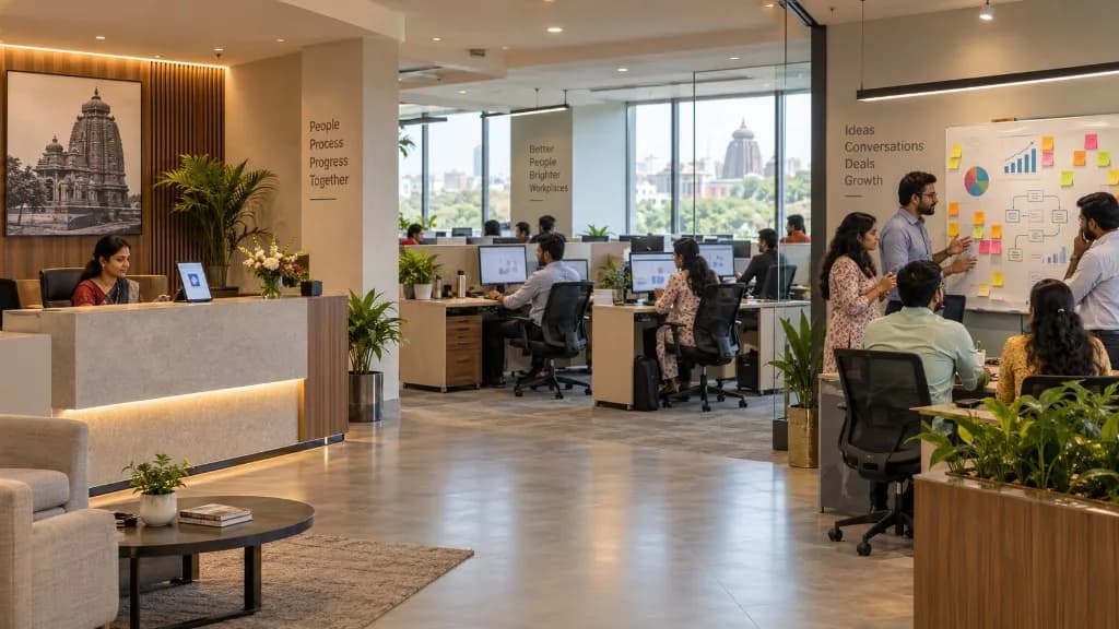 Reception, collaboration, and desks under one roof — complete business software workspace