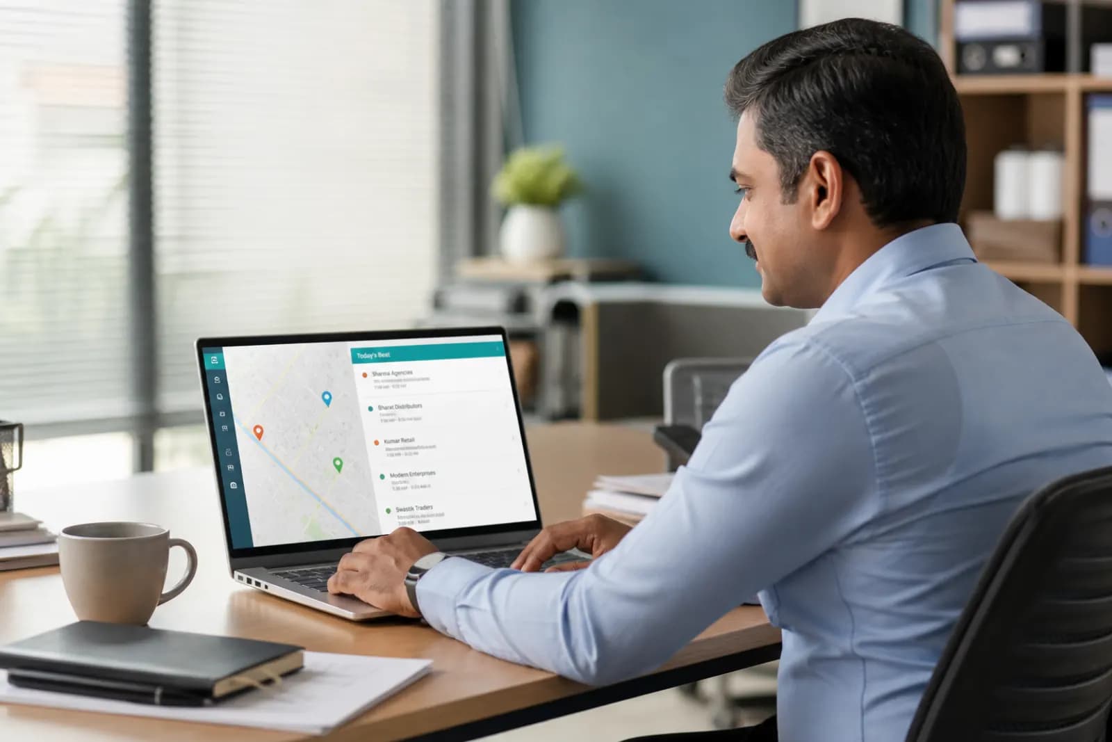Manager reviewing live salesman map and beat progress on a laptop