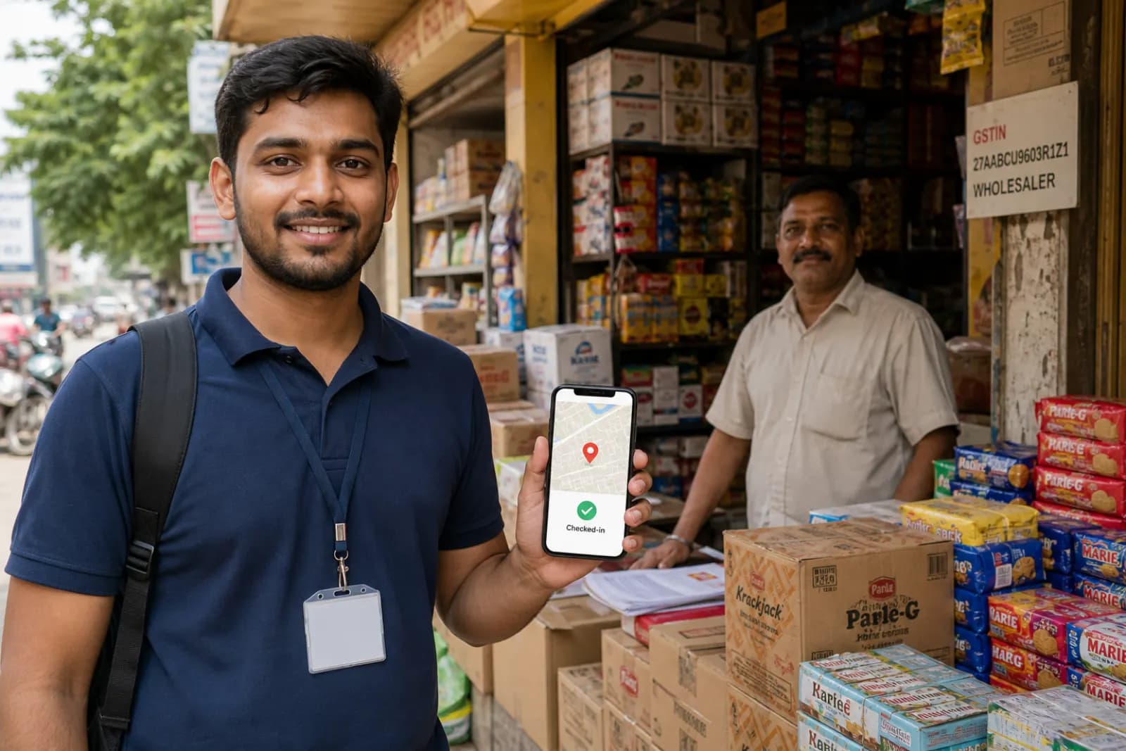 Field salesman checking in at a shop on a beat with a mobile map