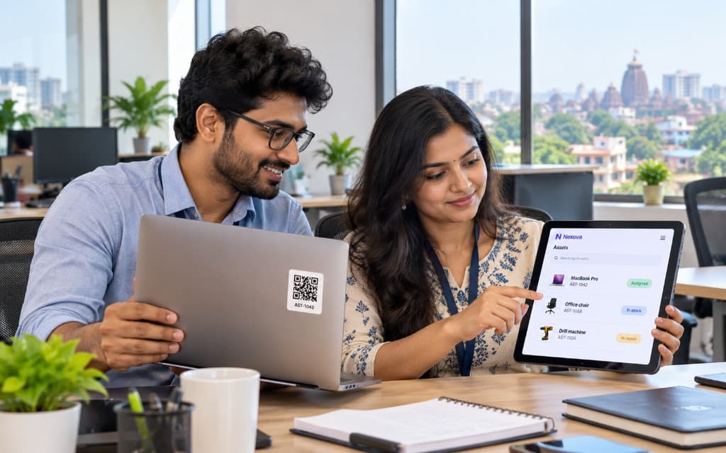 Two colleagues in an Indian office checking a laptop QR label against the Nexova asset list
