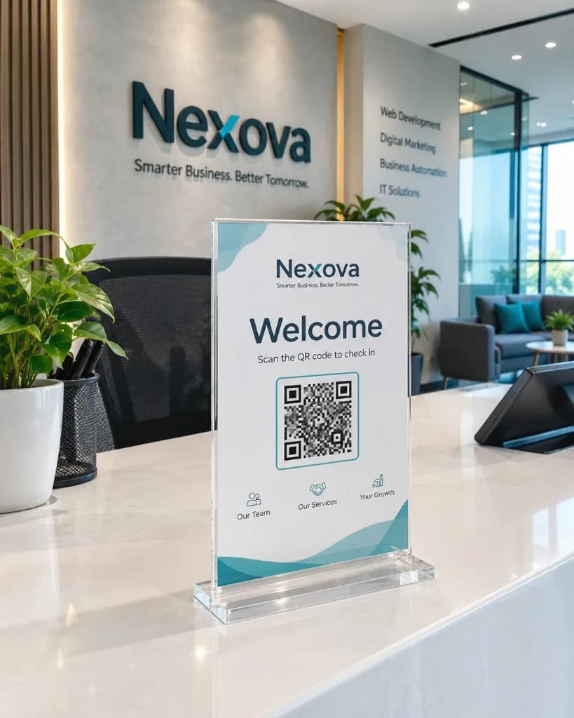 Nexova VMS QR welcome stand on a reception desk for visitor check-in