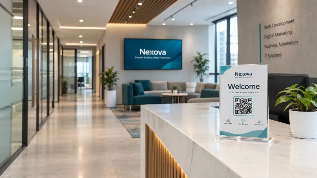 Modern office lobby with Nexova QR stand and visitor check-in area
