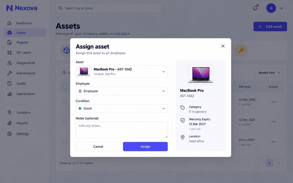 Assign an asset screen