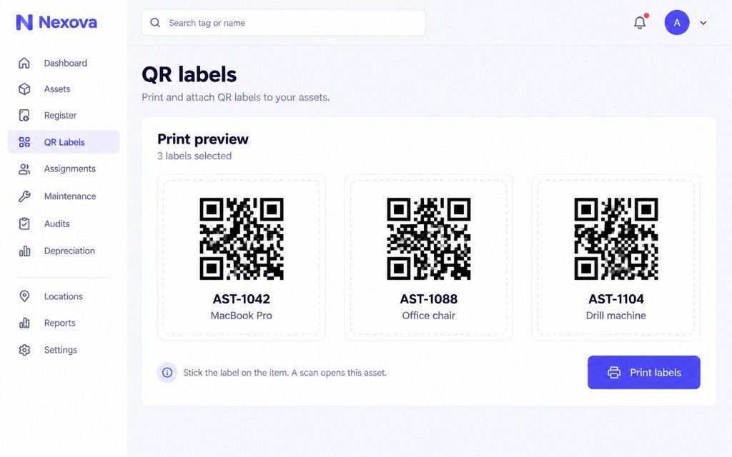 QR labels screen