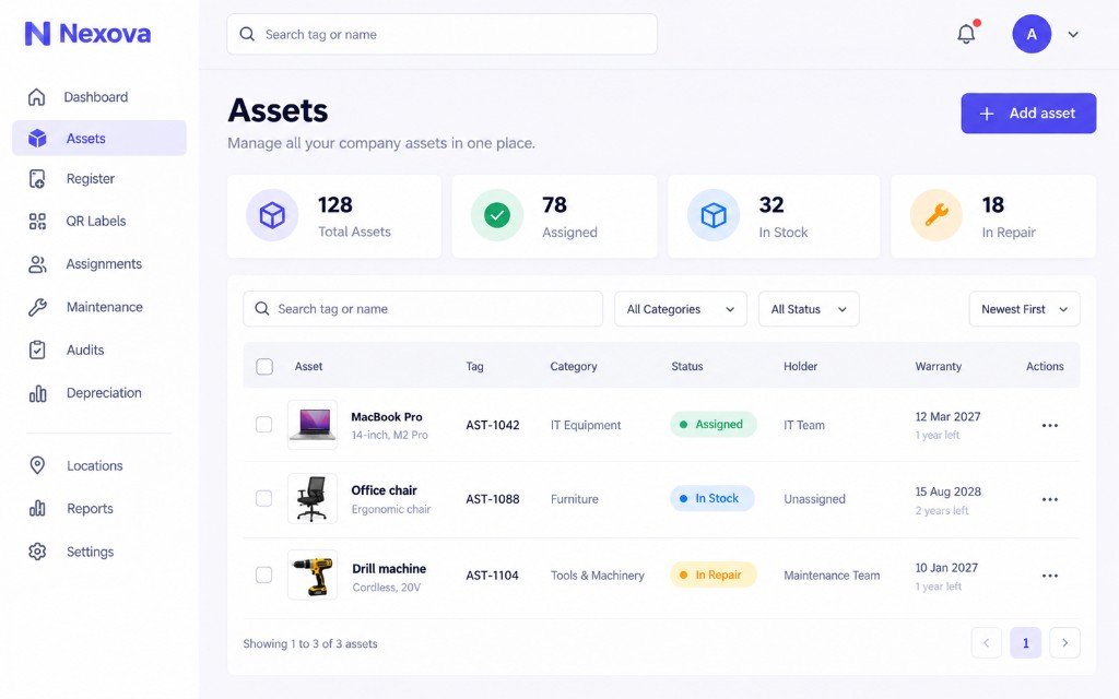Asset register screen